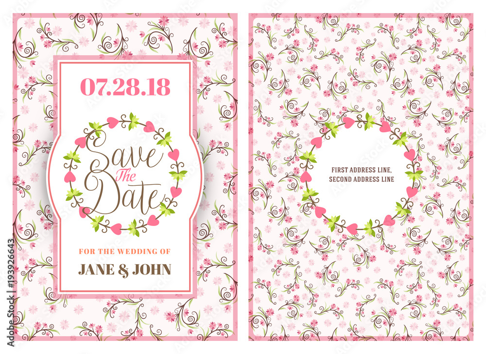 Save the date. Wedding invitation double-sided card design template with cute floral background. Stationery design. Vector illustration Save the date. Wedding invitation double-sided card design template with cute floral background. Stationery design. Vector illustration