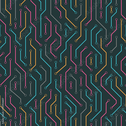 Technology seamless pattern from colored lines connections. Abstract information connectivity background. IT-development conception. Neural structure. Vector illustration