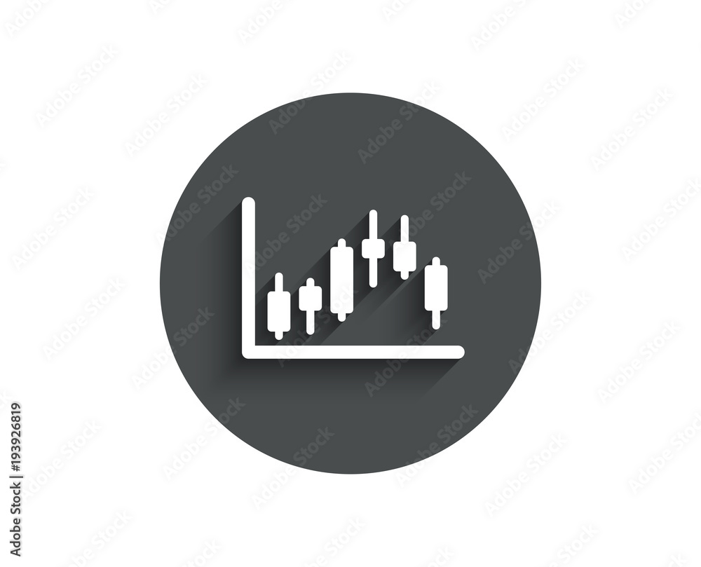 Candlestick chart simple icon. Financial graph sign. Stock exchange symbol. Business investment. Circle flat button with shadow. Vector