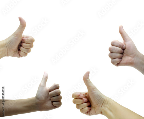 Hands of people with raised thumb isolated on white background.
