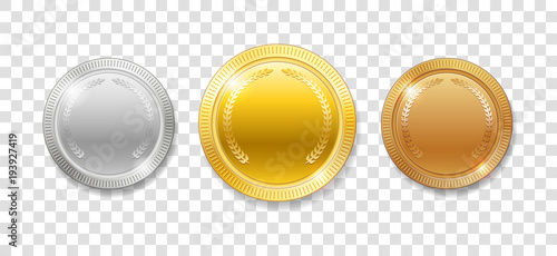 Champion Award Medals for sport winner prize. Set of realistic 3d empty gold, silver and bronze medals isolated. Vector illustration isolated