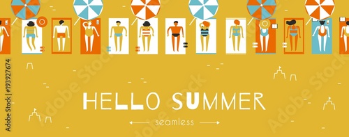 Beach, people in bathing suits play beach volleyball. Seamless border. Vector illustration