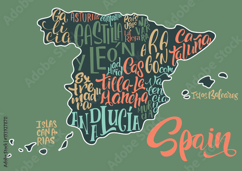 Canvas Print Silhouette of the map of Spain with hand-written names of regions, provinces - Catalonia, Andalusia, Galicia, etc
