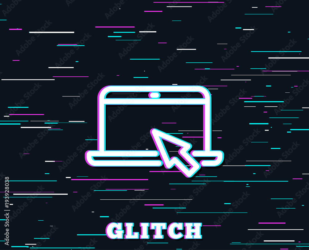 Glitch effect. Laptop computer icon. Notebook with mouse cursor sign