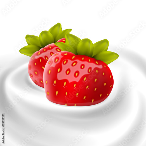strawberry floating in whipped cream or yogurt wave pure vector illustration for milk products and beverage design high quality art