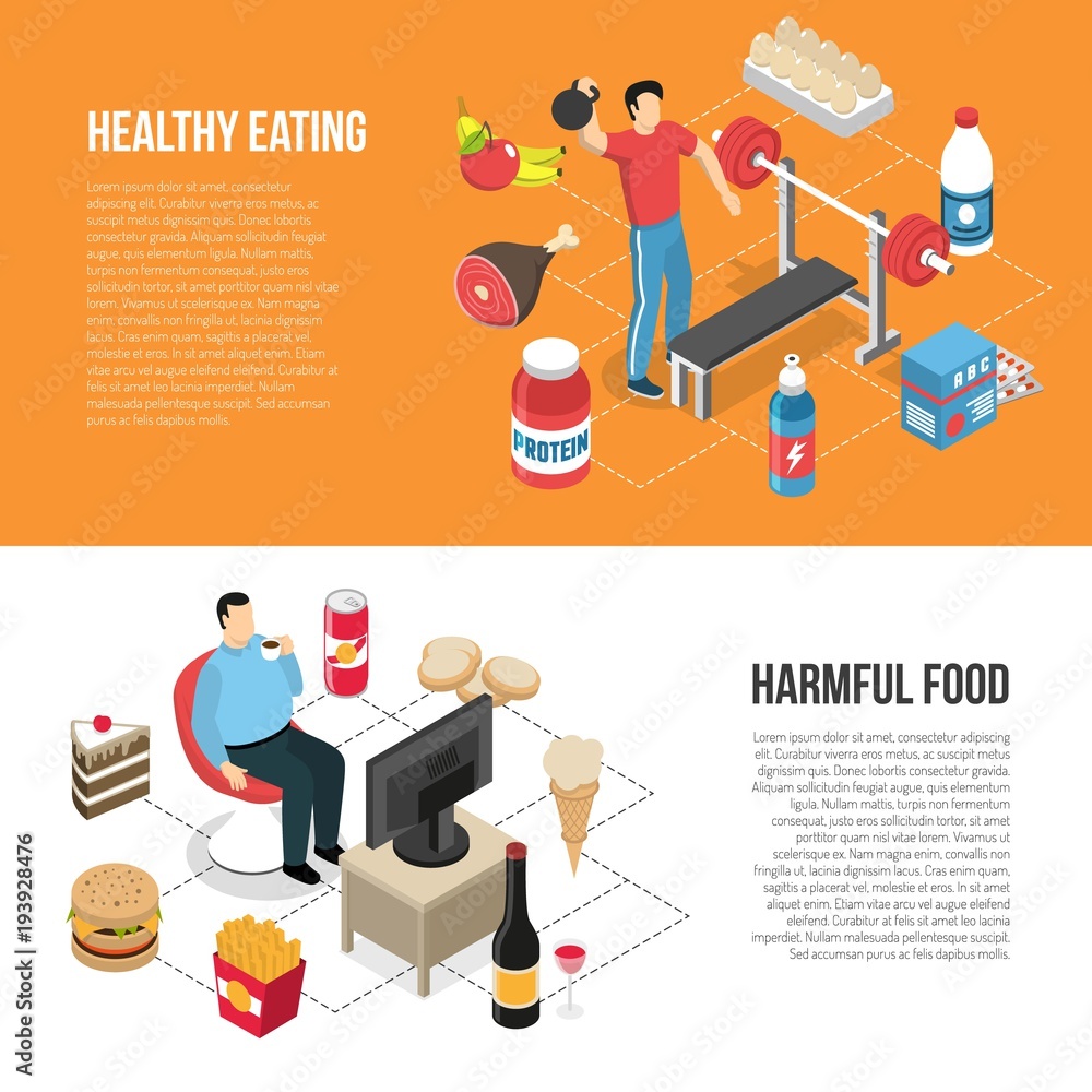 Healthy Unhealthy Lifestyles Isometric Banners 