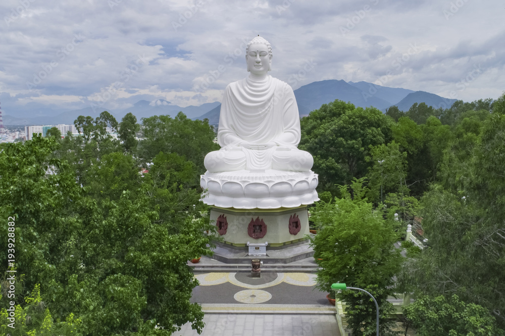 Aerial view white Buddhe at Long Son pagoda, one of tourism in Nha Trang city, Khanh Hoa province