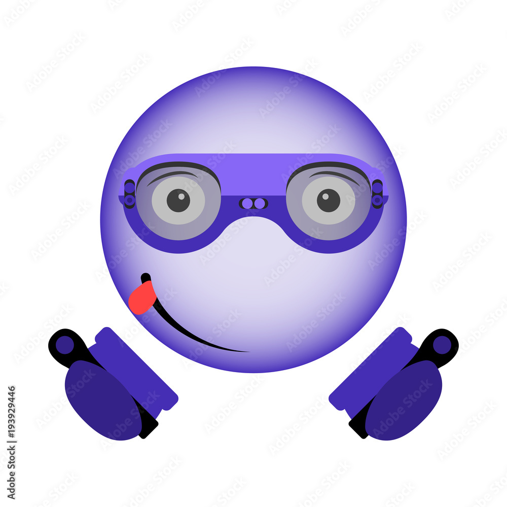 Vector image of an enthusiastic smiley in virtual reality glasses with a controller in hands in the ultraviolet color. Vector image of an enthusiastic smiley in virtual reality glasses with a controller in hands in the ultraviolet color.