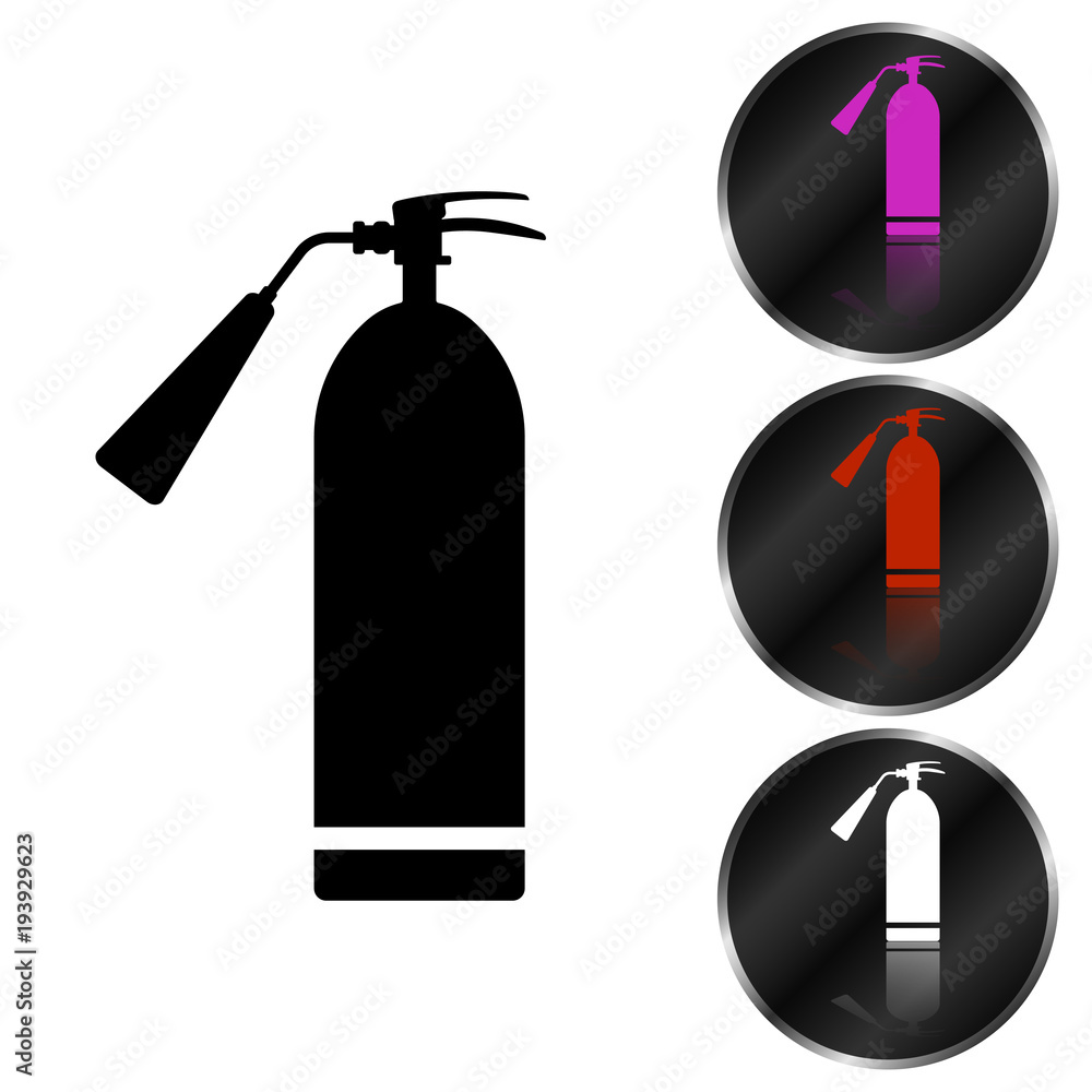 Vector image of a flat fire extinguisher icon with a red light on a black background with a shadow in different colors. Vector image of a flat fire extinguisher icon with a red light on a black background with a shadow in different colors.