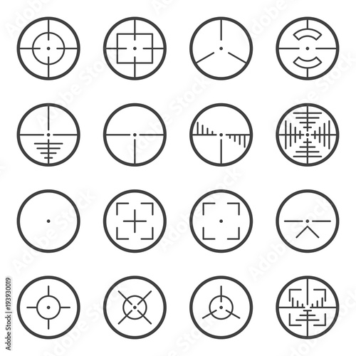 Vector image of tactical sights icons. For use on web sites, in applications and games. Black and flat design.
