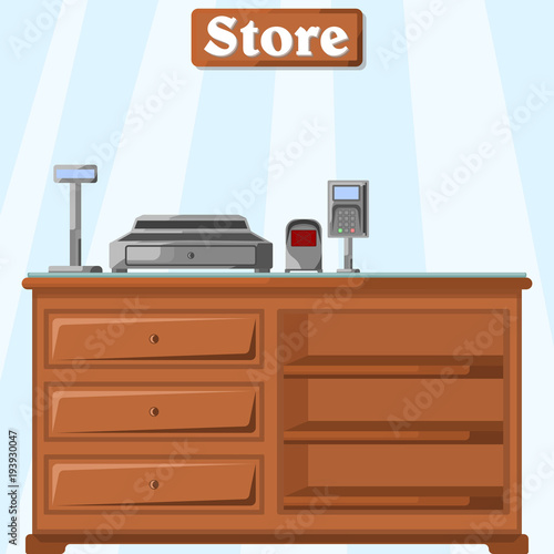 Vector illustration of a counter in the store from the cashier s side with a cash register, a bar code reader and a plastic card payment terminal. Pattern, flat