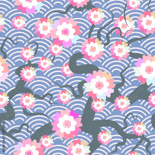 Sakura flowers seamless pattern Nature background with blossom branch of pink flowers. Cherry tree branches japanese wave circle pattern pastel colors on blue background. Vector