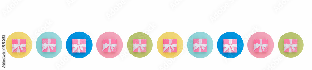 Wrapped gift box. Collage. Pastel Colour flat lay minimal concept. Wrapped gift box. Collage. Pastel Colour flat lay minimal concept.