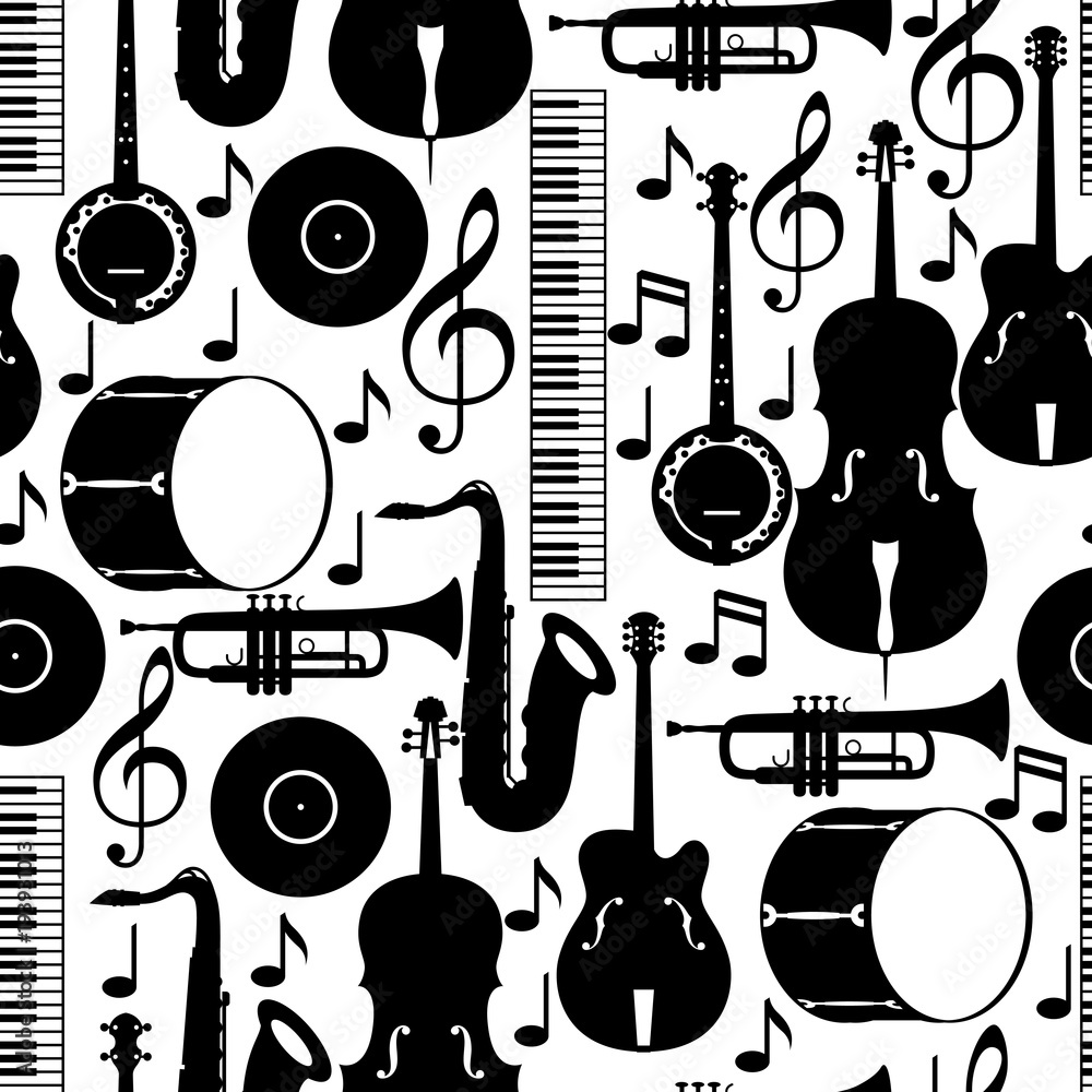 Fototapeta Jazz music seamless pattern with musical instruments