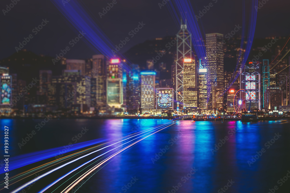 Fototapeta premium double exposure with traffic light in the Hong Kong city night