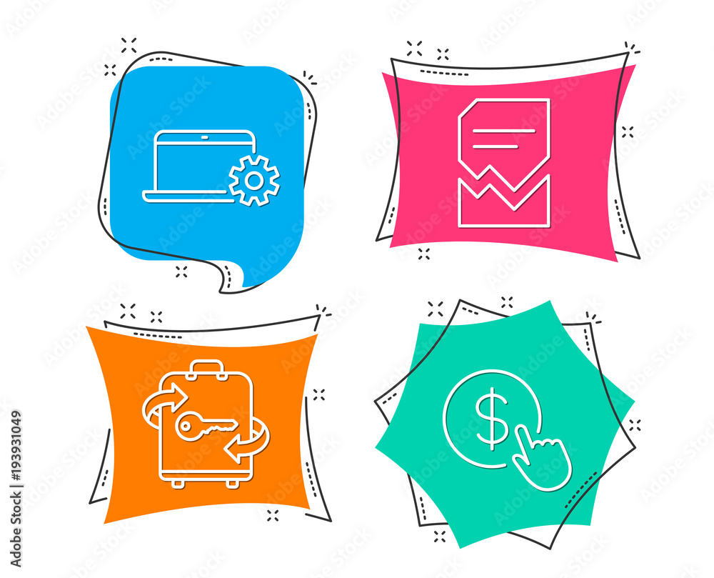 Set of Notebook service, Luggage and Corrupted file icons. Buy currency sign. Computer repair, Baggage locker, Damaged document. Money exchange.  Flat geometric colored tags. Vivid banners. Vector