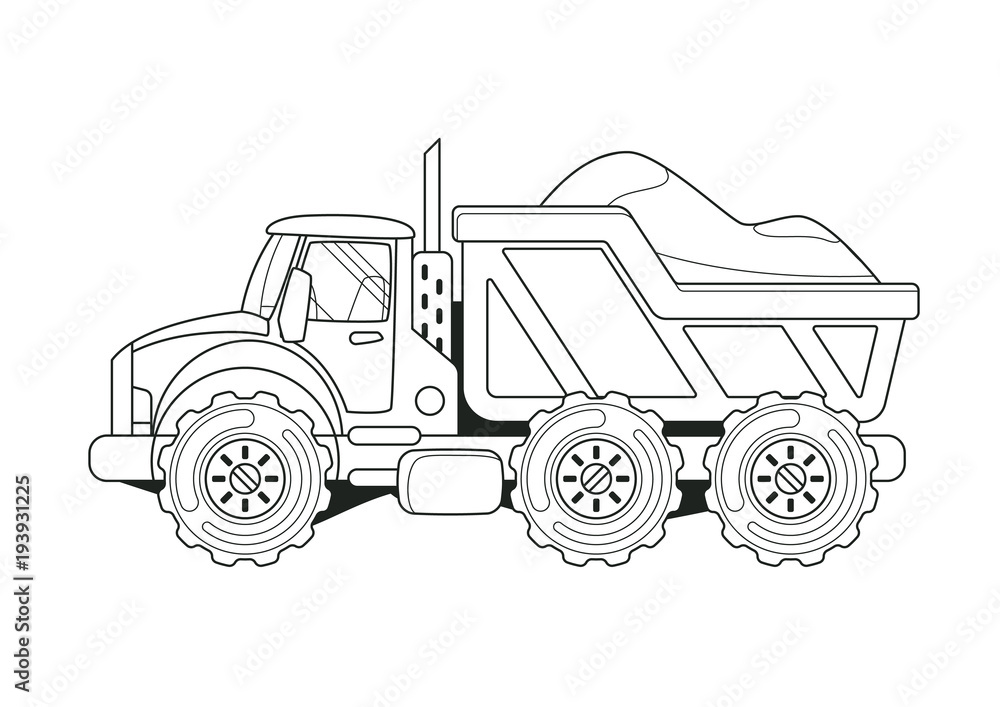Truck with Sand Side View Coloring Book. Line Art.