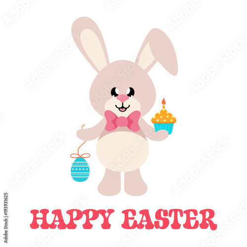 cartoon easter bunny with tie and easter egg and cake with text