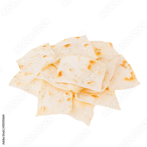 Heap ruddy pieces tortillas isolated on white background. Fast food template for menu, advertising, cover.
