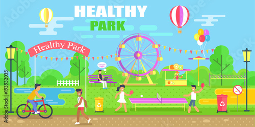 Fototapeta Naklejka Na Ścianę i Meble -  Healthy Park Happy Poster Vector Illustration
