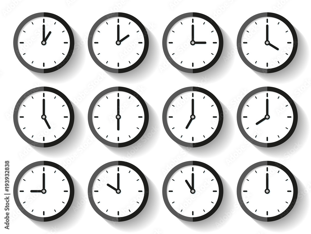 Clock icon set in flat style, timer on white background. Twelve o'clock. Business watch. Vector design element for you project Clock icon set in flat style, timer on white background. Twelve o'clock. Business watch. Vector design element for you project