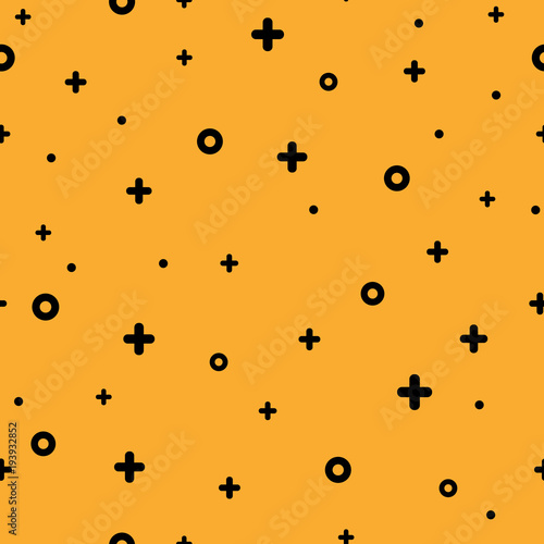 Cool neo hipster style memphis seamless pattern. Modern retro texture with rare funky and minimal shapes on orange background. Vector illustration in memphis pop art style for modern graphic or fabric