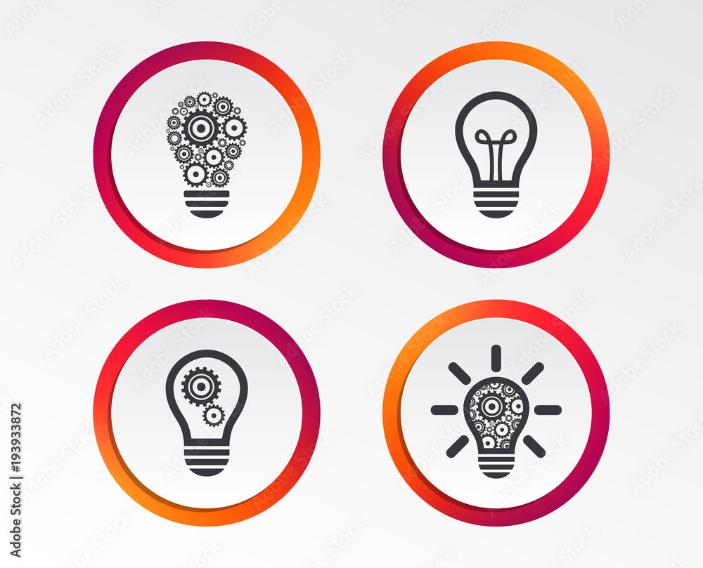 Light lamp icons. Lamp bulb with cogwheel gear symbols. Idea and success sign. Infographic design buttons. Circle templates. Vector Light lamp icons. Lamp bulb with cogwheel gear symbols. Idea and success sign. Infographic design buttons. Circle templates. Vector