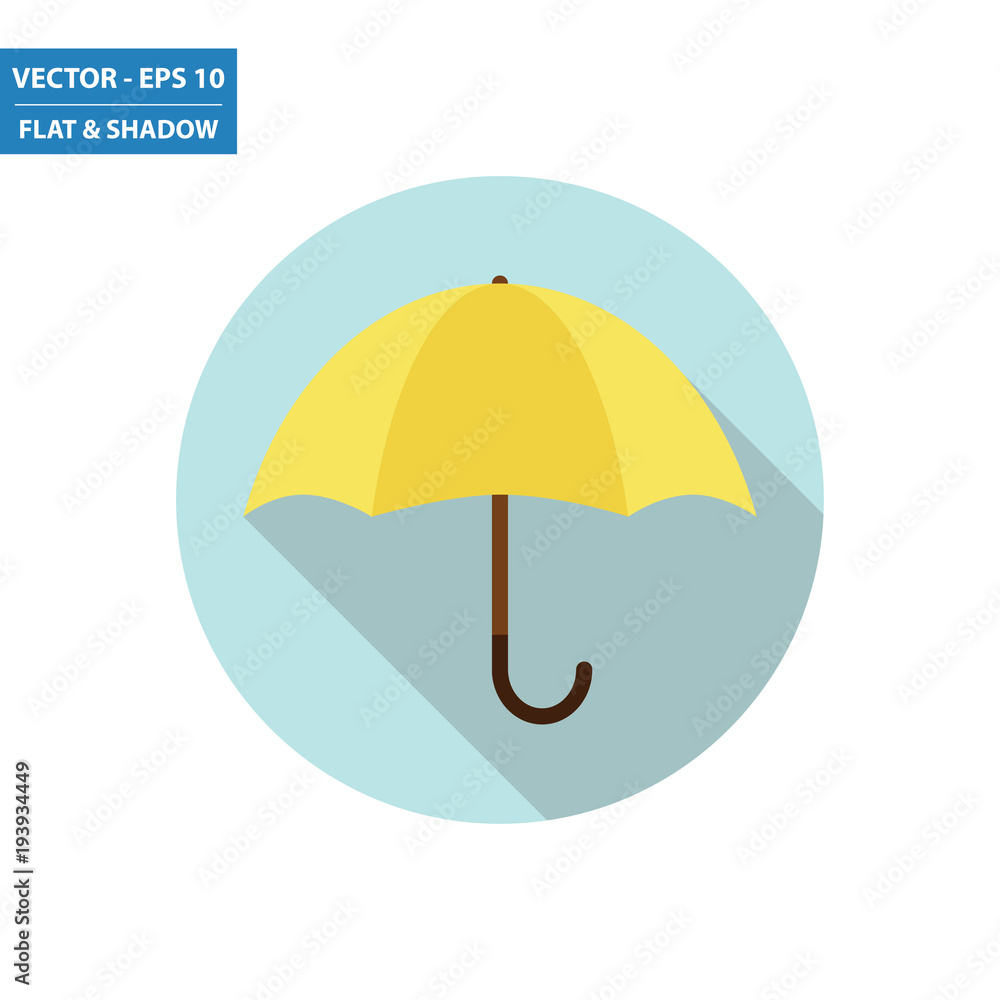 Yellow umbrella flat icon with long shadow. Vector Illustration.