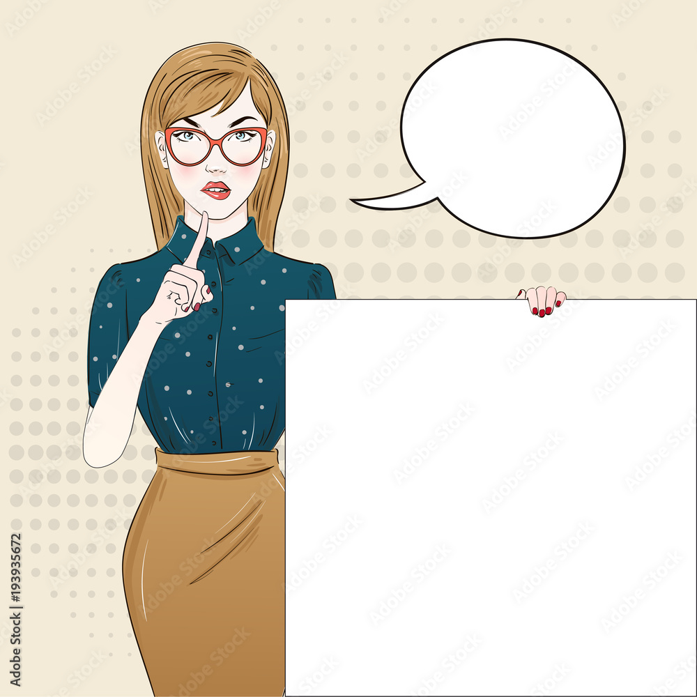 Pop Art Vintage advertising poster comic girl keep a silence and hold ...