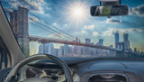 Car windshield with view of Brooklyn Bridge, New York, USA