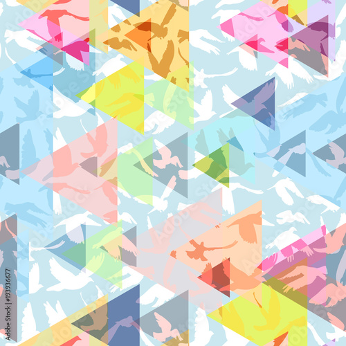 Abstract triangles Doves and pigeons silhouette seamless pattern decorative geometric contemporary pink yellow blue print, hipster trendy backdrop. for peace concept and wedding design. Vector