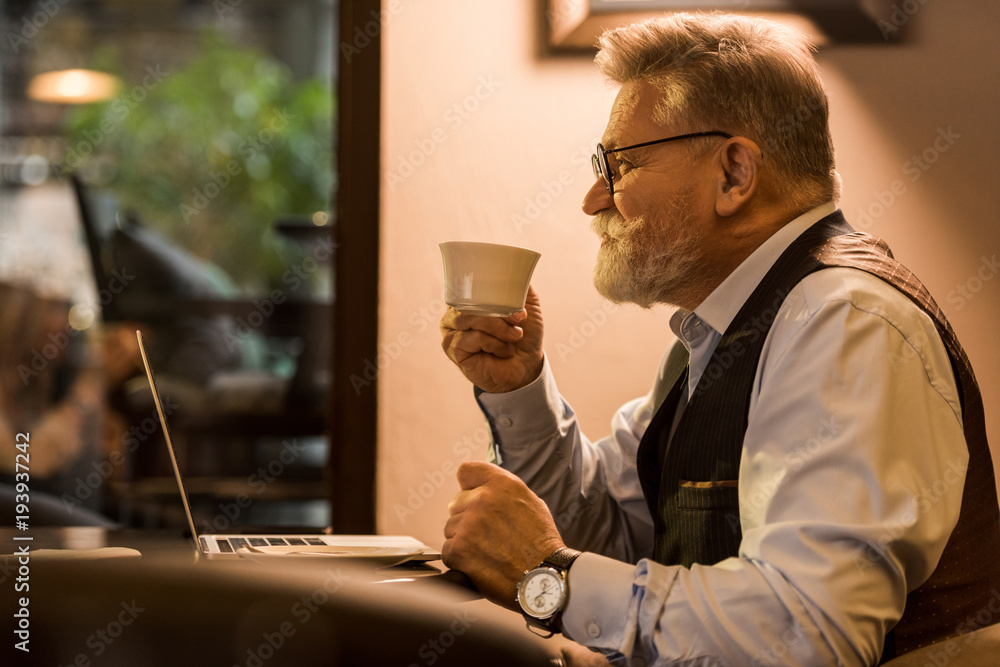 side view of senior bearded businessman with cup of coffee sitting at table with laptop in cafe side view of senior bearded businessman with cup of coffee sitting at table with laptop in cafe