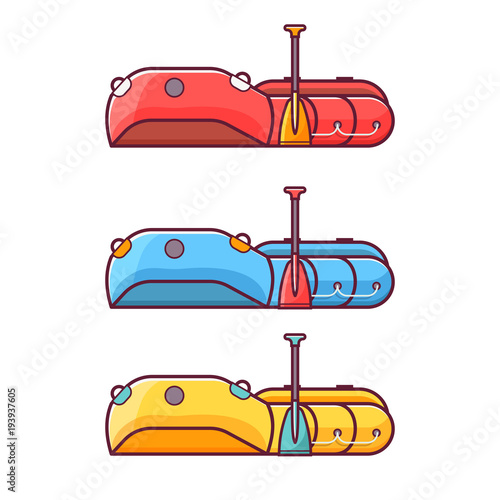 Inflatable rafting boat with paddle icon. Fishing rowboat with oar in red, blue and yellow colors. Rubber dinghy illustration.