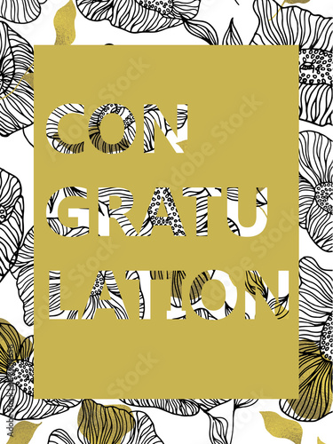 Greeting card with poppies, gold leaves and lettering Congratulation!