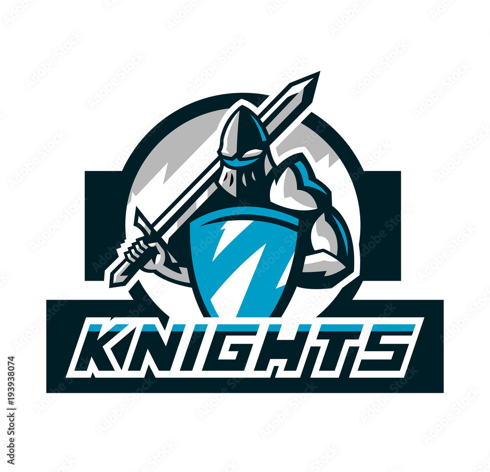 Colorful logo, knight s emblem in iron armor. A warrior of the Middle Ages, a knight holds a shield and a sword, swordsman, warrior, defender, lettering. Vector illustration