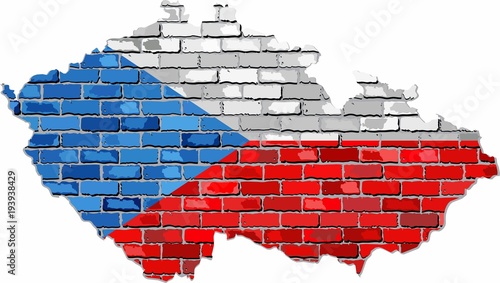 Czech Republic map on a brick wall - Illustration, 
Grunge map and flag of Czech on a brick wall, 
Czechia map with flag inside