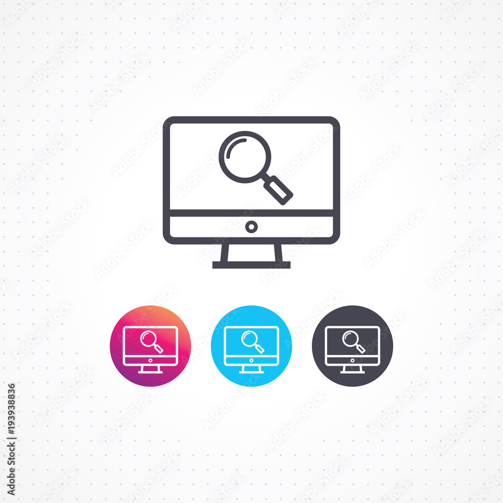 Computer screen icon. Monitor with magnifying glass vector. Monitoring line vector icon. Computer screen for website and apps Computer screen icon. Monitor with magnifying glass vector. Monitoring line vector icon. Computer screen for website and apps