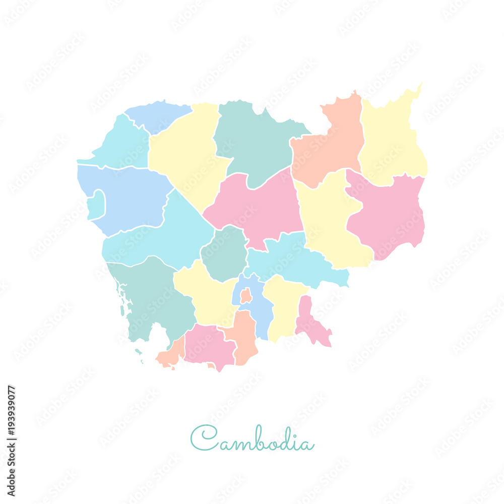 Cambodia region map: colorful with white outline. Detailed map of