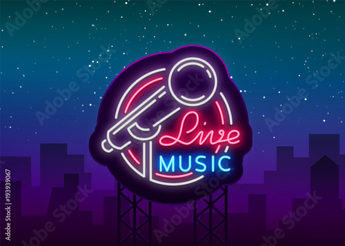 Live musical vector neon logo, sign, emblem, symbol poster with microphone. Bright banner poster, neon bright sign, nightlife club advertising, karaoke, bar and other institutions. Billboard
