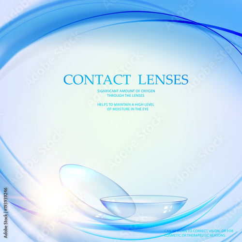 Science illustration for medical design. Contact lens concept with water wave flow over blue background and two eye lences. Vector illustration.