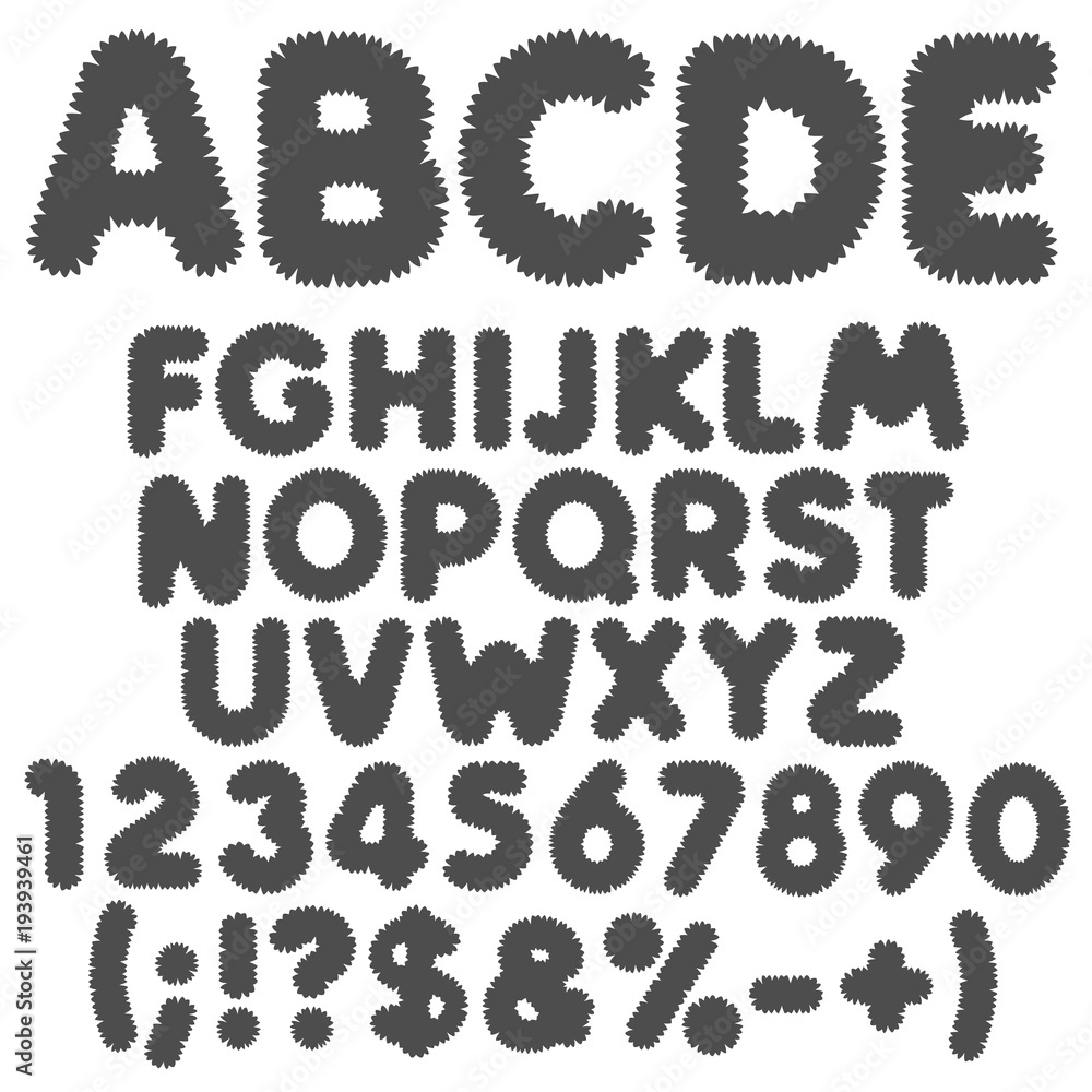 Shaggy black and white alphabet, letters, numbers and signs. Isolated vector objects on white background. Shaggy black and white alphabet, letters, numbers and signs. Isolated vector objects on white background.