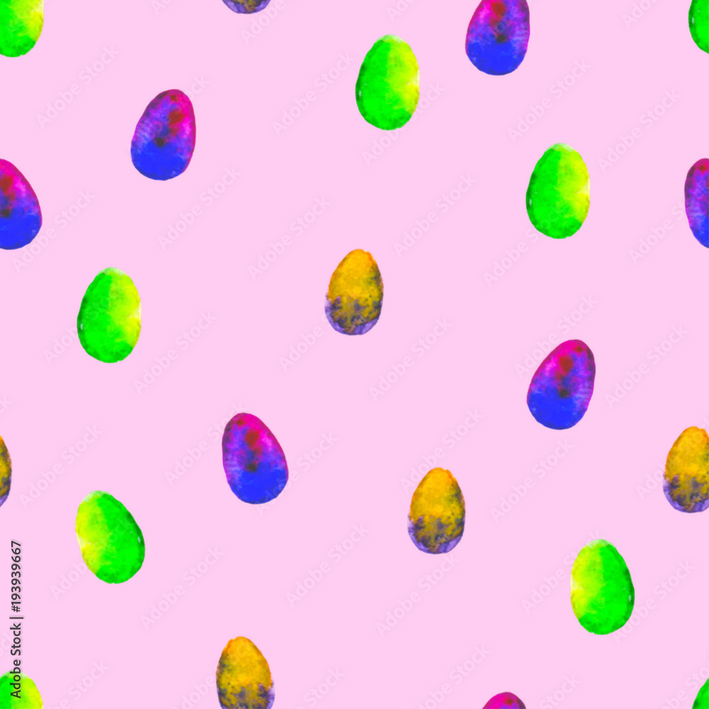 Seamless watercolor pattern.Colourful eggs on pink background.Bright hand drawn illustration. Decorative Happy Easter template.Design for wallpaper, greeting card, wrapping, poster, textile. Seamless watercolor pattern.Colourful eggs on pink background.Bright hand drawn illustration. Decorative Happy Easter template.Design for wallpaper, greeting card, wrapping, poster, textile.