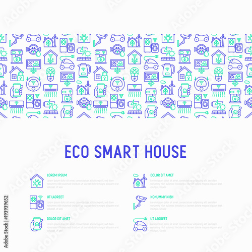 Eco smart house concept with thin line icons: solar battery, security, light settings, appliances, artificial intelligence, mobile app control. Energy saving and new technologies vector illustration © AlexBlogoodf