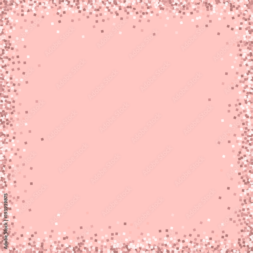 Pink gold glitter. Chaotic frame with pink gold glitter on pink background. Admirable Vector illustration.