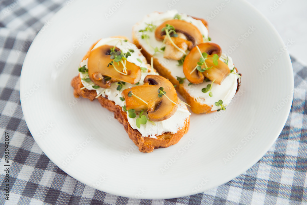 toast with cream cheese fried mushrooms and sprout toast with cream cheese fried mushrooms and sprout