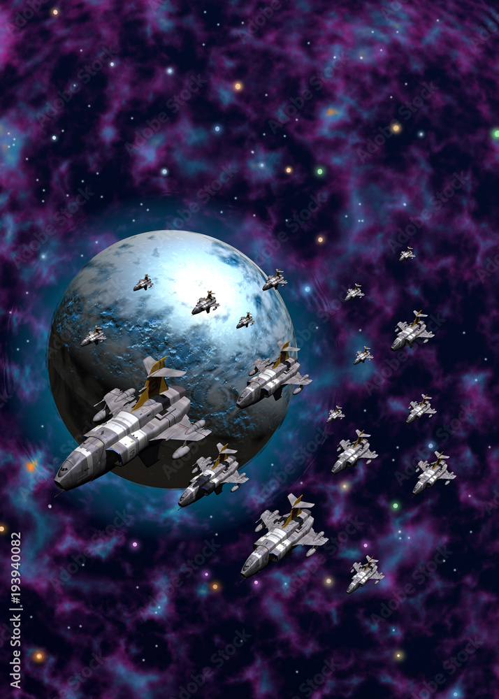 starships fleet invading a planet, 3d illustration starships fleet invading a planet, 3d illustration