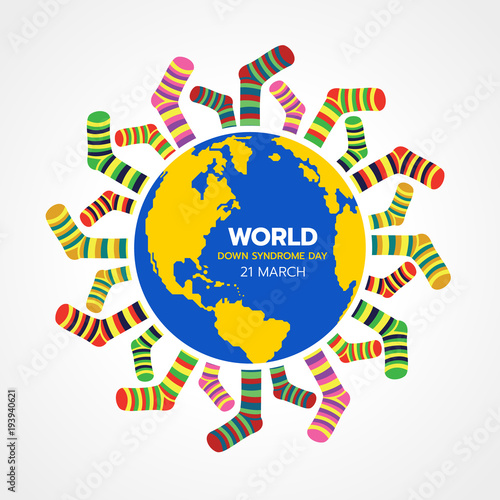 World down syndrome day with yellow and blue world and lots of socks banner vector design