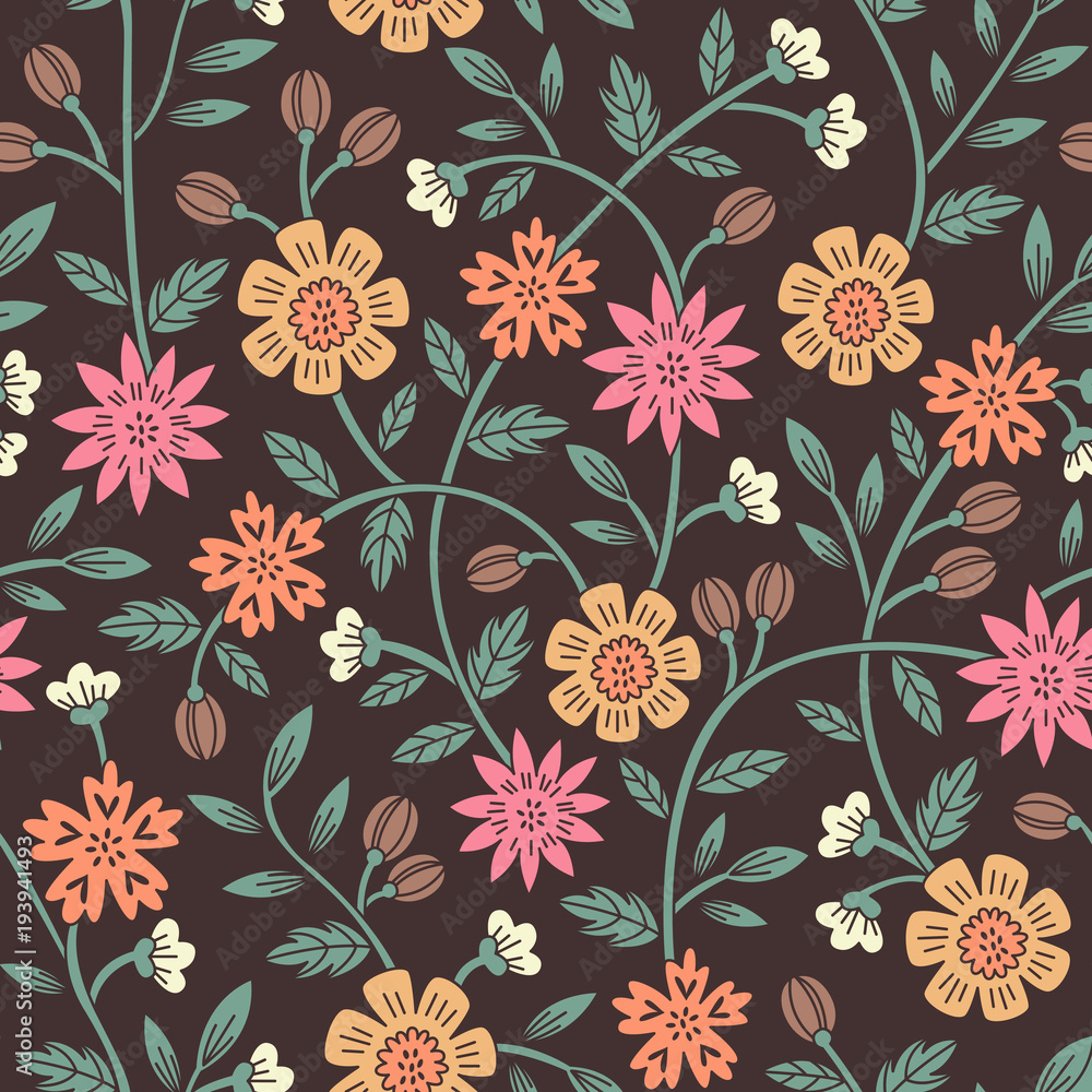 Seamless Pattern with Abstract Flowers and Leaves for Your Design.