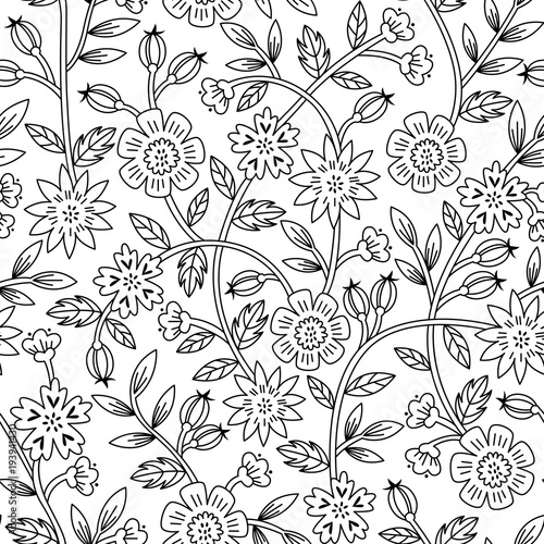 Hand Drawn Vector Seamless Floral Pattern with Flowers and Leaves in Doodle Style.