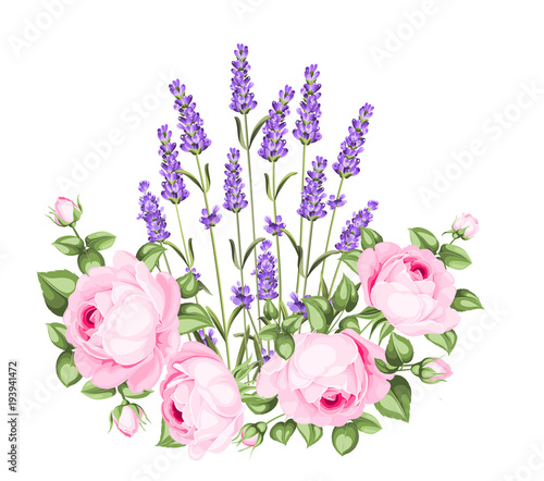 Illustration of rose and lavender garland. Gentle vintage card with hand drawn floral wreath in watercolor style isolated over white background. Vector illustration.